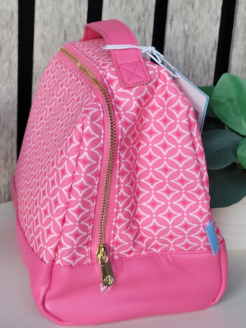 Draper James Pink Patterned Geometric Insulated Nylon & Leatherette Lunch Tote - Picture 2 of 6